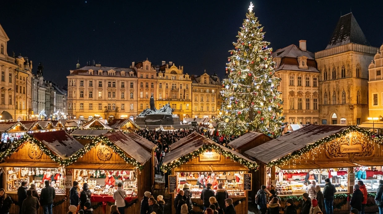 beste europäischen Weihnachtsmärkte Panoramablick bei Nacht auf einen belebten europäischen Weihnachtsmarkt mit Holzständen, einem riesigen Baum und 