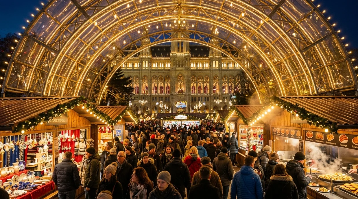 beste europäischen Weihnachtsmärkte Ein riesiger leuchtender Bogen heißt Sie am Rathausplatz willkommen, wo Holzhütten handgefertigte 