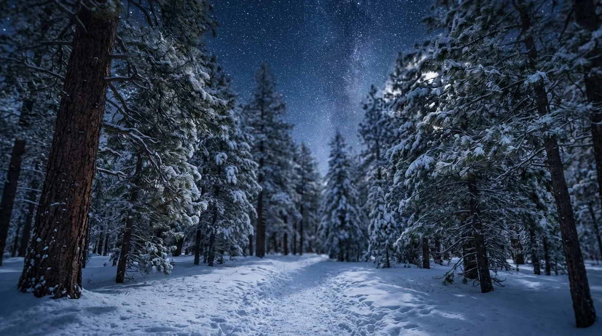 Winterlicher Spaziergang durch den Wald unter klarem Himmel, ideal zum Sterneschauen und um die ruhige Seite von Winteraktivitäten einzufangen.