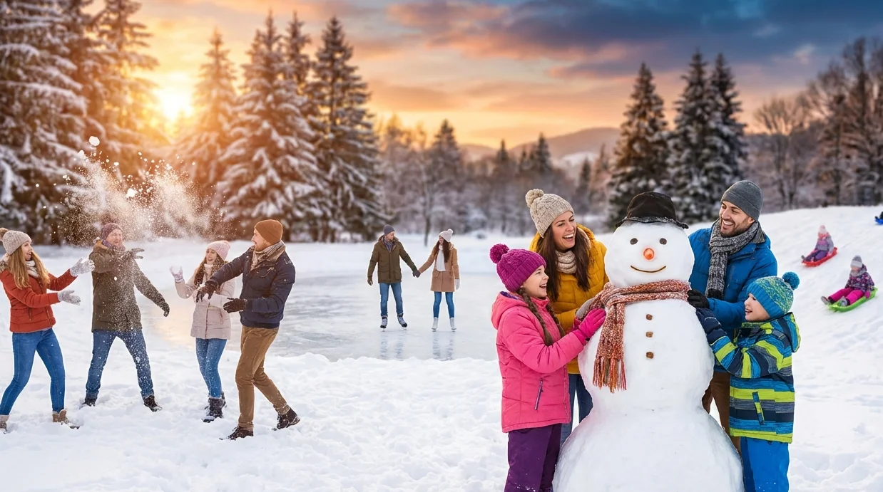 Gruppe, die draußen Winteraktivitäten genießt, darunter Schlittenfahren und Schneemänner bauen, und damit zeigt, wie viel Spaß Winterideen machen.