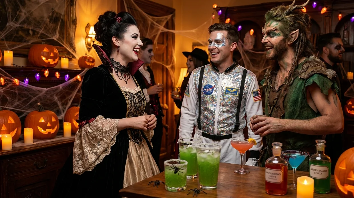 Halloween party ideas Friends enjoying a stylish Halloween party with creative costumes, spooky decorations, and festive d