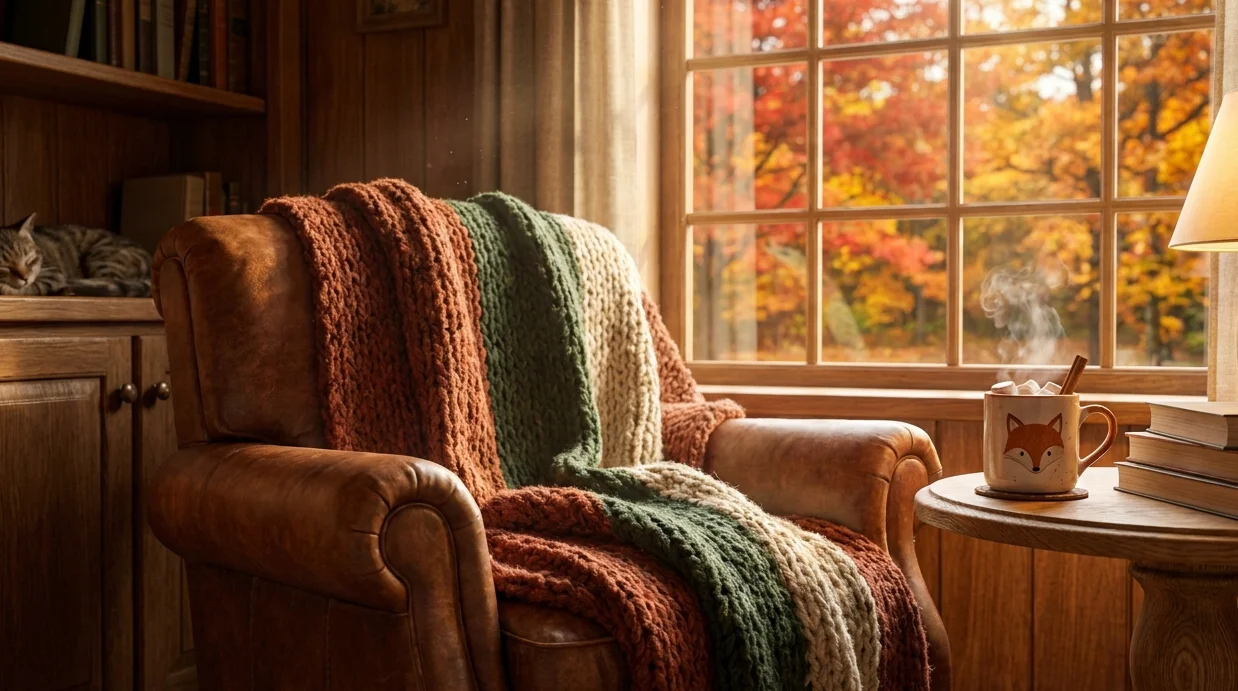Cozy autumn ideas: A snug reading nook with a knitted blanket, warm drink, and golden leaves visible through the window.