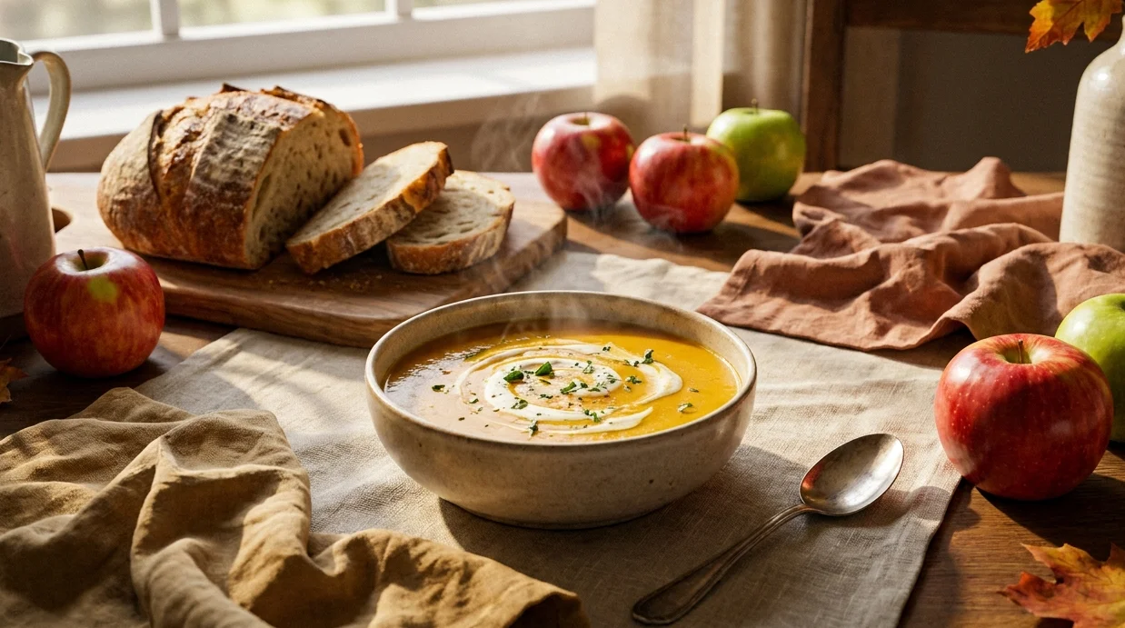 Cozy autumn ideas: A warm kitchen table with squash soup, crusty bread, apples, and linen napkins for fall dining.