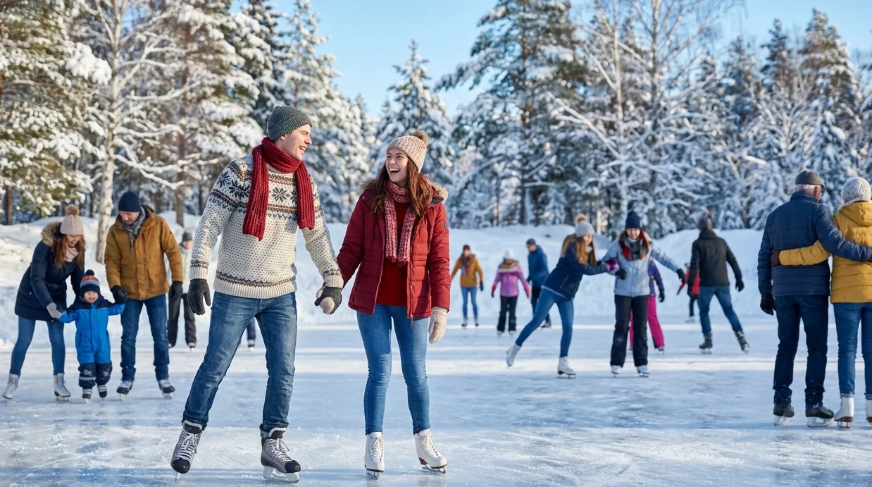 People enjoying winter ice skating at local rinks and outdoor ponds, showcasing seasonal outdoor activities and fun.