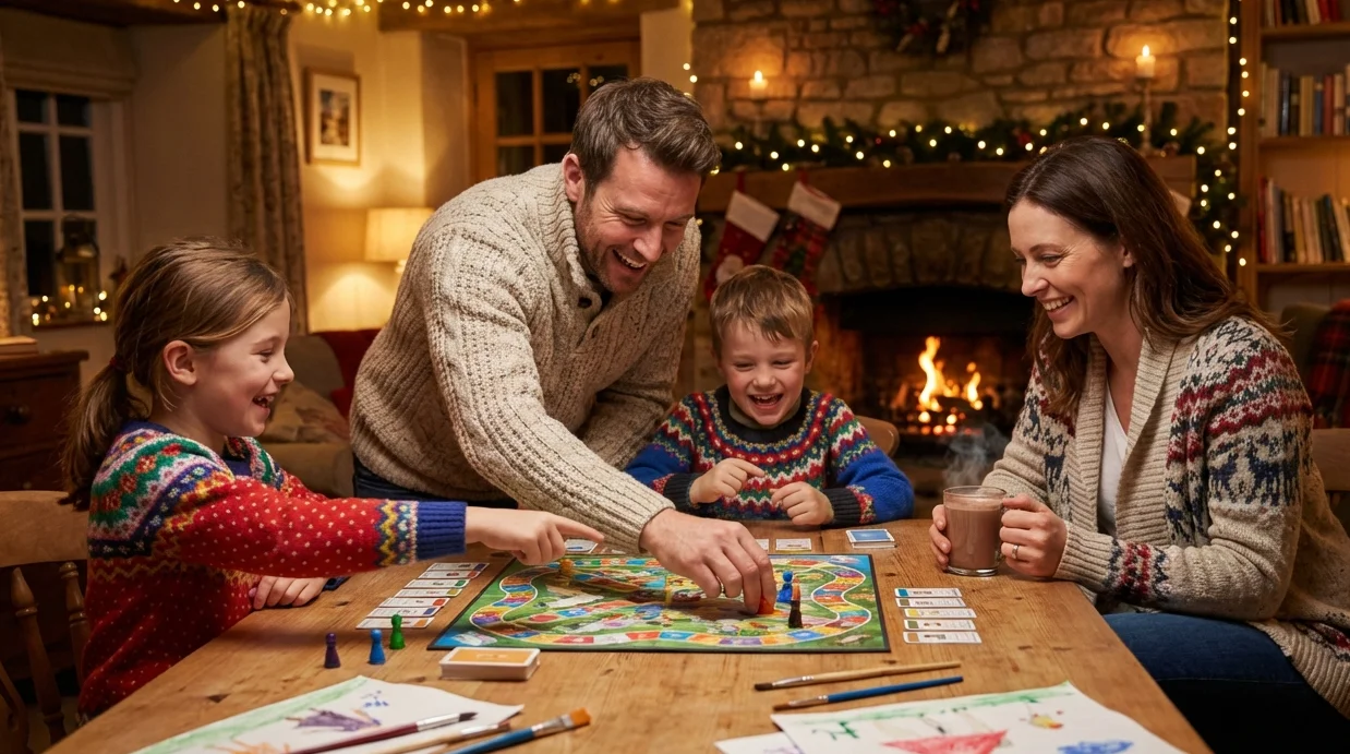 Family enjoying cozy winter activities, playing board games and crafting indoors for warmth and fun during cold months.