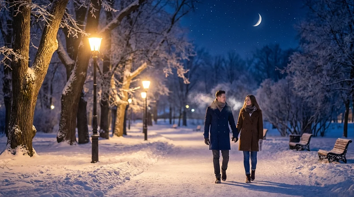 Playful winter snow activities and serene night strolls for all energy levels in a picturesque snowy landscape.