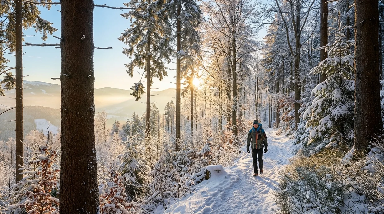 Randonnées hivernales sur des sentiers forestiers, illustrant la transformation du paysage saisonnier avec des arbres enneigés et des chemins sereins.