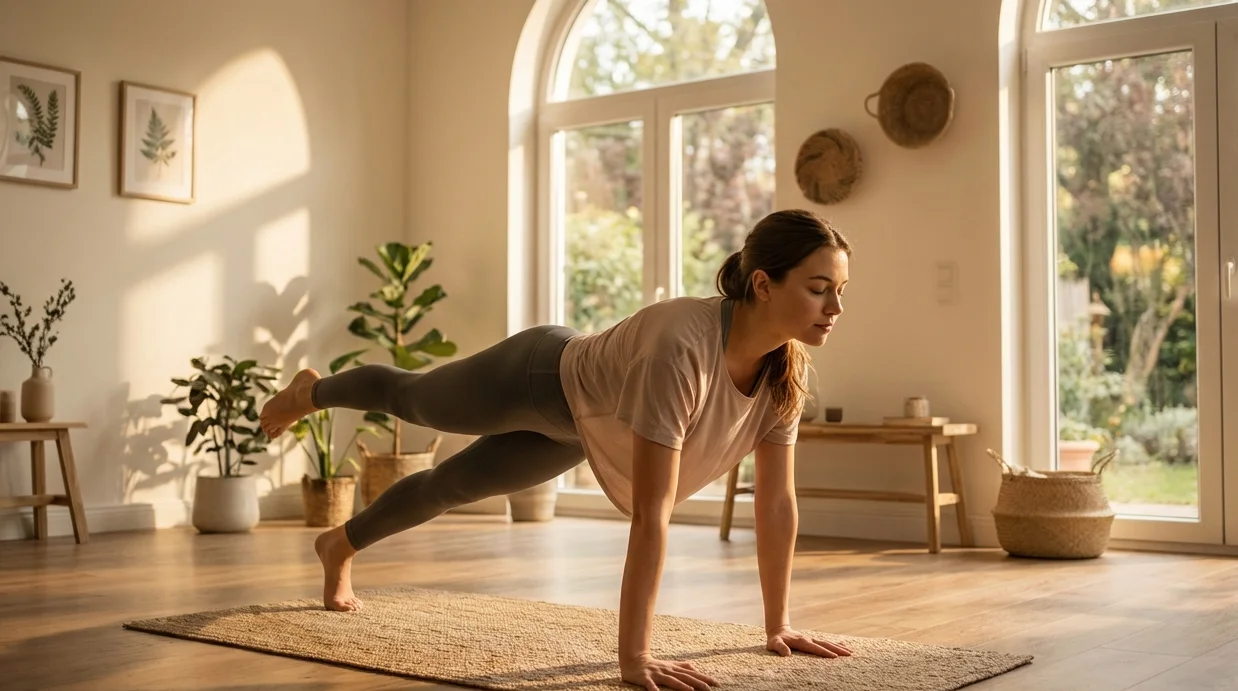 Scène d’entraînement hivernal avec exercices au poids du corps, postures de yoga et pas de danse améliorant force, souplesse et humeur.