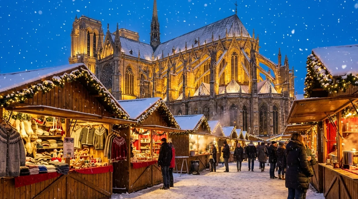 Marché de Noël de style nordique avec chalets en bois, soirée enneigée et cathédrale ; l’un des meilleurs marchés de Noël européens.
