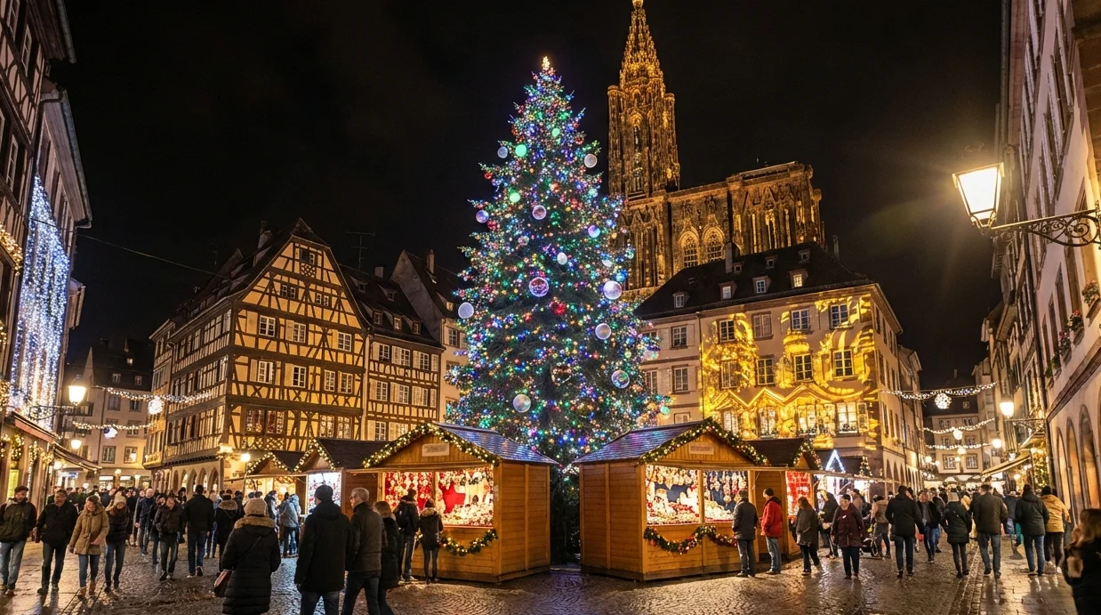 Strasbourg favázas házai és karácsonyi vásári bódéi éjszakai díszkivilágításban; legjobb európai karácsonyi vásárok.