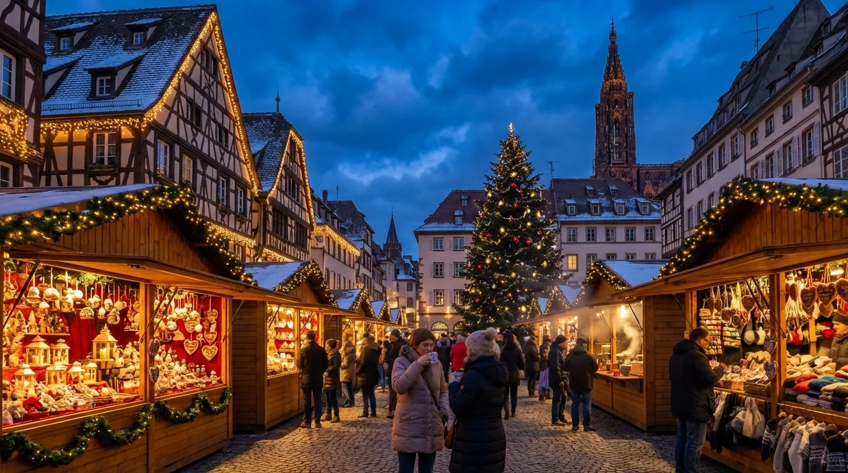 Case cu structură de lemn și standuri festive în Strasbourg la apus, ilustrând unul dintre cele mai bune târguri europene de Crăciun.