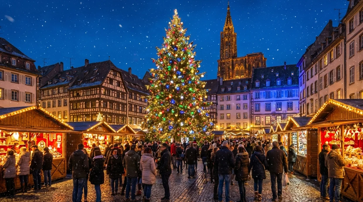 Christkindelsmärik din Strasbourg, unul dintre cele mai bune târguri europene de Crăciun, cu standuri și lumini festive încă din 1570.