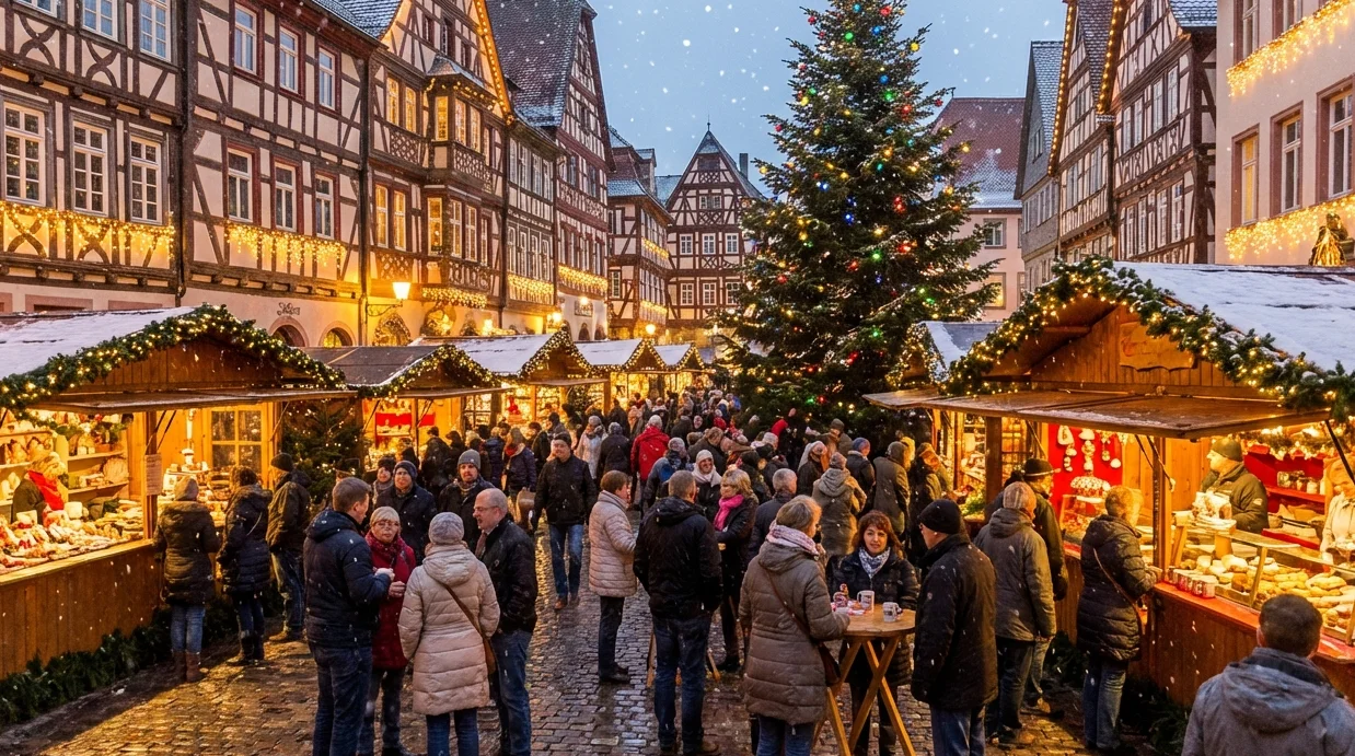 Târg european de Crăciun festiv, cu lumini sclipitoare, căsuțe primitoare și mulțimi vesele; cele mai bune târguri europene de Crăciun.