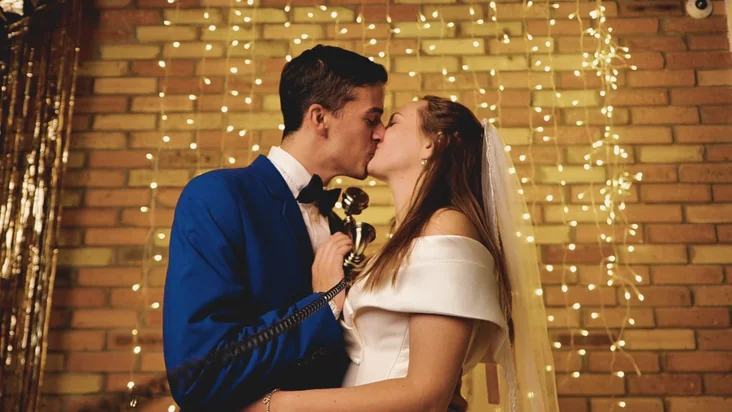 Couple kisses in the camera at the wedding